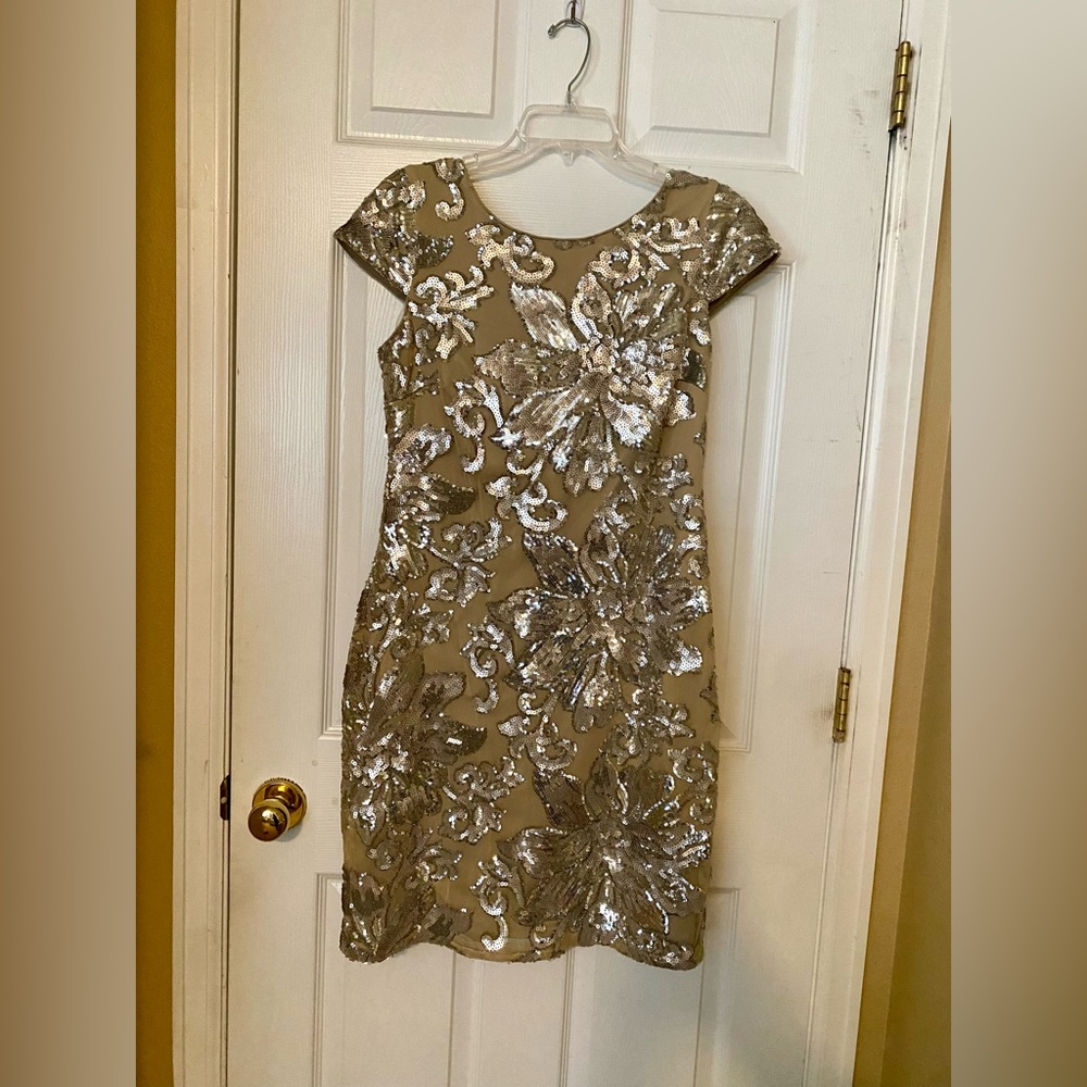 Calvin Klein Silver & Tan Sequin Mini Dress